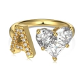 Adjustable gold S925 silver ring featuring letter A and a sparkling heart zircon gem - Gold Letter A