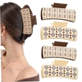 Detail of four geometric faux leather hair claws in dark brown and beige on white background - 4PCS Tribal Geometric Set