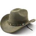 Olivgrüner Cowboyhut aus Wildlederimitat mit Bohème-Perlenband auf weißem Grund - M (56-58cm) / Armeegrün