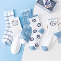 5-pair set of blue and white cotton crew socks featuring cute bear and floral patterns - Unisex (35-44) / Original Floral & Bear (Mixed)