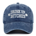 Detail of vintage washed blue cotton baseball cap with clover and white embroidery - Adjustable / Navy Blue