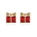 Golden bow gift box stud earrings featuring elegant square red gemstones - Red Rhinestone Gift Box Stud Earrings