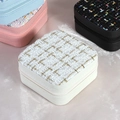 Square tweed jewelry box in pink with gold accents and a zipper closure for travel - Off-White Gold