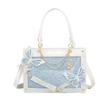 Detail of white butterfly tote bag featuring blue glitter fabric and golden spider web pattern - White & Blue Butterfly (Glitter)