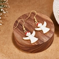 Festive gold-rimmed angel earrings with white enamel finish on a wooden base - Cute Angel Style (E00919G)