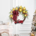 Christmas wreath featuring a red truck with berries and LED lights on a white wall - Large Red 3D Truck With Lights Style