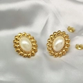 Detail of vintage 18K gold plated stainless steel pearl earrings on white silk - Gold Oval Twisted Edge Style (TE-15067)