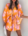 Boho style orange and pink printed short romper with V-neck and waist tie detail - S / Yellow & Purple