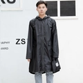 Men's stylish long black hooded raincoat with waterproof finish and matching storage bag - Black