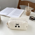 Quilted white cosmetic bag with cherry embroidery and side handle for travel organization - Off-White With Black Cherry Embroidery