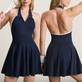 Dark blue seamless tennis dress with halter neck and white contrast pleated skirt - S (40-50kg) / Navy Blue
