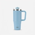 Close-up of a 40oz light blue vacuum tumbler with ergonomic handle and frosted finish - Sky Blue