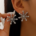 Elegant silver snowflake stud earrings with white pearl and crystal rhinestones - Silver Pearl Snowflake Stud Earrings Style (0575)