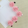 Set of five pink camellia flower hair clips on a white display card with metal grips - Korean Pink Camellia / 5 Pieces (OPP Bag)