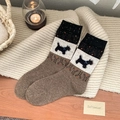 Brown Fair Isle wool socks featuring a black terrier dog pattern and contrasting cuffs - One Size (EU 35-40) / Coffee Base