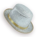 Tall silver sequin top hat with golden ribbon band for performances and parties - Silver-Khaki Trim