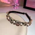 Luxurious black fabric headband with gold chain, white pearls and dark crystals - Pearl Black Crystal Headband / Black