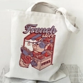 French Bulldog print canvas tote bag in off-white finish with cartoon graphic - French Store Fries (Q)