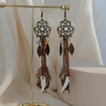 Bohemian feather drop earrings with dreamcatcher charms and beads on display stand - Dreamcatcher Feather Style(E6320)