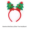 Christmas headband with glitter green trees, red bows and berries on a red velvet band - TK52GR Bow Red Berries Glitter Tree Green