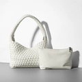 White hand-woven leather hobo shoulder bag with matching zipper pouch two-piece set - Off White