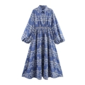 French floral blue shirt dress with turn-down collar and elastic waist lantern sleeves - XS / Blue