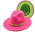 Detail of rose red fedora hat with neon green lining and a thick gold chain decoration - Rose Red & Fruit Green