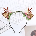 Christmas reindeer antler headband with pink cherry blossoms and berries on a black frame - White Flowers and Berries with Deer Ears / White