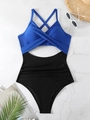 Monokini bleu et noir avec licou croisé et détails froncés à la taille haute - S / Haut Et Bas / Bleu Royal + Noir