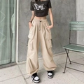 Retro khaki oversized cargo pants with drawstring waist and signature multi-pocket design - S / Apricot
