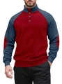 Detail of red and navy blue color block ribbed knit sweater with three metal buttons - S / Wine Red/Navy