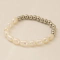 Minimalist bracelet featuring natural freshwater pearls and polished steel beads - Natural Pearl Spliced Silver Beads / Silver