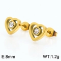 Gold stainless steel heart stud earrings with 8mm zircon center and 1.2g lightweight design - Stud Earrings (KE106240-K)