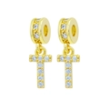 Golden T-shaped letter earrings with sparkling zircon crystals in a detailed variant view - Letter-T