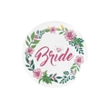 White tinplate Bride badge with pink floral wreath and diamond icon for hen parties - Green Floral Wreath Bride