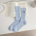 Light blue ribbed cotton socks featuring black FUN TIME embroidery in a casual style - One Size / Light Blue