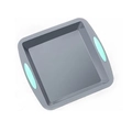 Square grey baking pan with light blue silicone handles on a clean white background - 8 Inch Square Plate