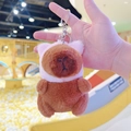 Capybara plush keychain wearing a cute pink hooded jacket with a silver metal clasp - Pig Hat Dark Brown + Silver Clip
