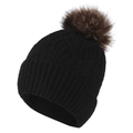 Schwarze Damen-Strickmütze mit Zopfmuster und großem braunem Kunstfell-Bommel - L (58-60cm) / Schwarz