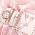 Women's quartz watch and jewelry set with butterfly pendants on pink silk - Style 1 Set (No Box)