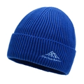 Dark blue knit beanie with mountain embroidery and ribbed texture for winter sports - One Size / Sapphire Blue