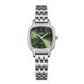 Minimalist silver cushion-shaped quartz watch with a textured emerald sunray dial - Silver Case Green Face Silver Band