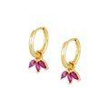Close-up of S925 silver stamp and red marquise-cut gems on gold hoop earrings - Fan Shape Deep Red Marquise Hoop / Gold / Dark Red