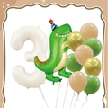 3rd birthday balloon set featuring cream number 3 and green cartoon dinosaur balloon - FG13 Dinosaur Theme Number 3
