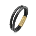 Bracelet double rang en cuir tressé noir avec un fermoir magnétique vintage en bronze - Noir