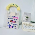 Mini cream knitted phone bag with colorful dot dog pattern and yellow handle - 3 Little Puppies (Handle + Strap)