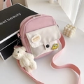 Sac à bandoulière en toile rose et blanc pour femme avec charmant ours en peluche - Avec l'ours timide / Rose