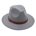 Detail of grey felt fedora hat featuring a brown leather band and silver metal buckle - Light Gray