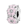 Silver charm bead with pink enamel floral patterns and sparkling zircon center - 008-Stopper (Silver Pink Enamel Flower)