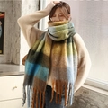 Rainbow plaid scarf with tassels in yellow blue brown and beige soft winter knit - Blue Brown